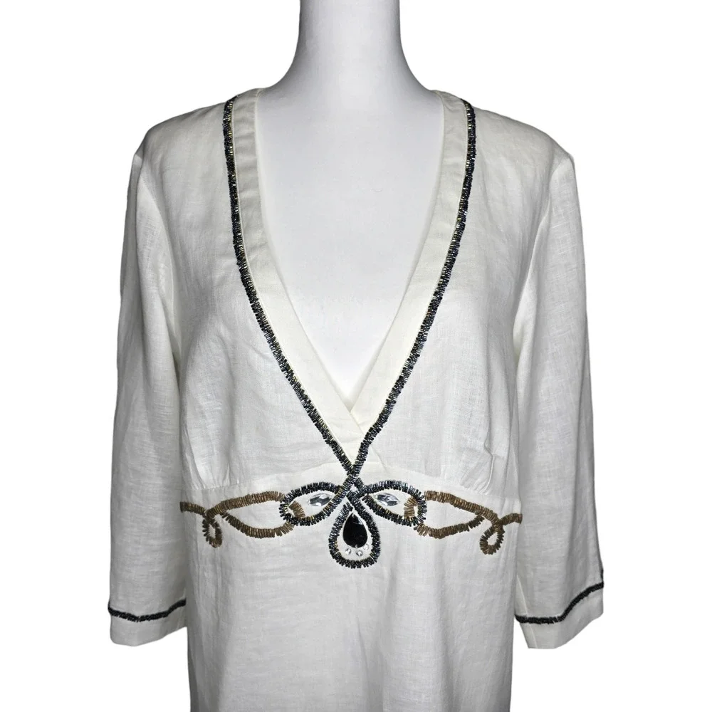 Chico’s Sawyer Optic White Sequin‎ Swimsuit Coverup Linen Tunic Size 2/Large